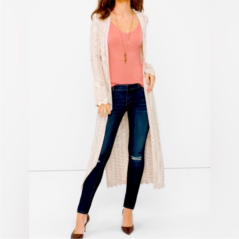 WHBM Chevron Pointelle beige open front long cardigan - Picture 16 of 16